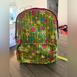 Decodelire Green Floral Coated Canvas Backpack Pink Blue Flower Print Bag